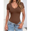 image:imageANRABESS Womens V Neck Short Sleeve Bodysuits  Slim Fit Body Suits Tops Soft Stretchy UPF 50 Fabric Spring Summer Autumn Outfits for Daily Going Out Work amp TravelBrown