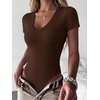 image:imageANRABESS Womens V Neck Short Sleeve Bodysuits  Slim Fit Body Suits Tops Soft Stretchy UPF 50 Fabric Spring Summer Autumn Outfits for Daily Going Out Work amp TravelDeep Brown