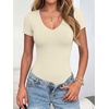 image:imageANRABESS Womens V Neck Short Sleeve Bodysuits  Slim Fit Body Suits Tops Soft Stretchy UPF 50 Fabric Spring Summer Autumn Outfits for Daily Going Out Work amp TravelBeige