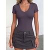 image:imageANRABESS Womens V Neck Short Sleeve Bodysuits  Slim Fit Body Suits Tops Soft Stretchy UPF 50 Fabric Spring Summer Autumn Outfits for Daily Going Out Work amp TravelGrey Purple