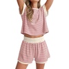 image:imageANRABESS Womens 2 Piece Ribbed Striped Knit Pajama Set Short Sleeve Top amp Lounge Shorts Casual Loungewear for Summer amp HomeRed Beige Striped