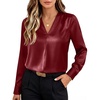 image:imageANRABESS Womens Satin V Neck Long Sleeve Blouse Shirts  Silky Soft TopPleated Ruched ShouldersBusiness Casual Work Office OutfitsDressy ElegantFall Spring Transition ClothesDeep Red