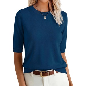 image:imageANRABESS Women Short Sleeve Crewneck Lightweight Summer Sweaters  Wool Blend Soft knit Tops Half Sleeve Shirts Work Business Casual Outfits Fall Spring PulloverDark Teal