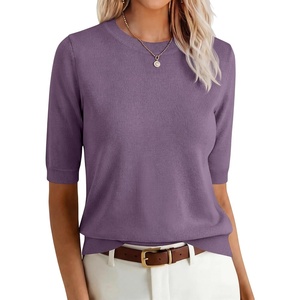 image:imageANRABESS Women Short Sleeve Crewneck Lightweight Summer Sweaters  Wool Blend Soft knit Tops Half Sleeve Shirts Work Business Casual Outfits Fall Spring PulloverGrey Purple