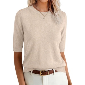image:imageANRABESS Women Short Sleeve Crewneck Lightweight Summer Sweaters  Wool Blend Soft knit Tops Half Sleeve Shirts Work Business Casual Outfits Fall Spring PulloverParchment