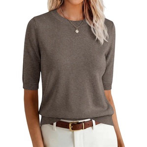 image:imageANRABESS Women Short Sleeve Crewneck Lightweight Summer Sweaters  Wool Blend Soft knit Tops Half Sleeve Shirts Work Business Casual Outfits Fall Spring PulloverDrak Taupe