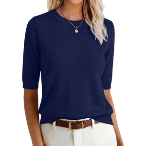 image:imageANRABESS Women Short Sleeve Crewneck Lightweight Summer Sweaters  Wool Blend Soft knit Tops Half Sleeve Shirts Work Business Casual Outfits Fall Spring PulloverNavy Blue