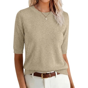 image:imageANRABESS Women Short Sleeve Crewneck Lightweight Summer Sweaters  Wool Blend Soft knit Tops Half Sleeve Shirts Work Business Casual Outfits Fall Spring PulloverAlmond