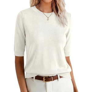 image:imageANRABESS Women Short Sleeve Crewneck Lightweight Summer Sweaters  Wool Blend Soft knit Tops Half Sleeve Shirts Work Business Casual Outfits Fall Spring PulloverCream White