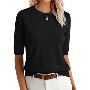 image:imageANRABESS Women Short Sleeve Crewneck Lightweight Summer Sweaters  Wool Blend Soft knit Tops Half Sleeve Shirts Work Business Casual Outfits Fall Spring PulloverBlack