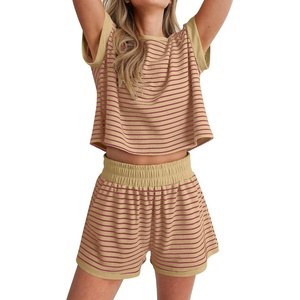 image:imageANRABESS Womens 2 Piece Ribbed Striped Knit Pajama Set Short Sleeve Top amp Lounge Shorts Casual Loungewear for Summer amp HomeKhaki Pink Stripe