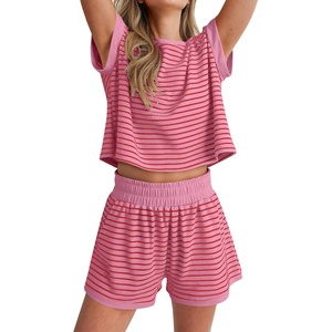 image:imageANRABESS Womens 2 Piece Ribbed Striped Knit Pajama Set Short Sleeve Top amp Lounge Shorts Casual Loungewear for Summer amp HomePink Striped