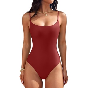 image:imageANRABESS Womens Bodysuits Square Neck Backless Spaghetti Straps Ultra Soft Double Lined Layering Top for Daily Work TravelWine Red