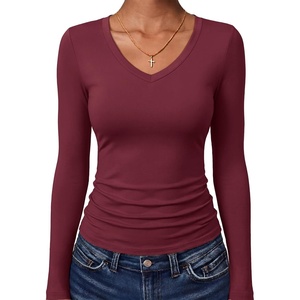 image:imageANRABESS Womens Long Sleeve Shirts Double Lined Tops  V Neck Basic Tee Soft Stretch Fleece Slim Fitted Fall Winter Warm Layer Clothing Going Out Casual Work Everyday WearWine Red