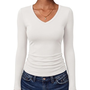 image:imageANRABESS Womens Long Sleeve Shirts Double Lined Tops  V Neck Basic Tee Soft Stretch Fleece Slim Fitted Fall Winter Warm Layer Clothing Going Out Casual Work Everyday WearWhite
