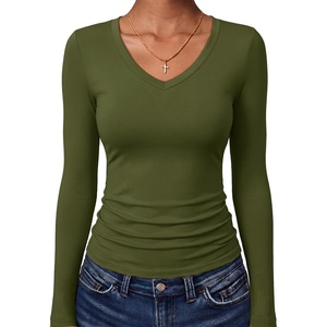 image:imageANRABESS Womens Long Sleeve Shirts Double Lined Tops  V Neck Basic Tee Soft Stretch Fleece Slim Fitted Fall Winter Warm Layer Clothing Going Out Casual Work Everyday WearArmy Green