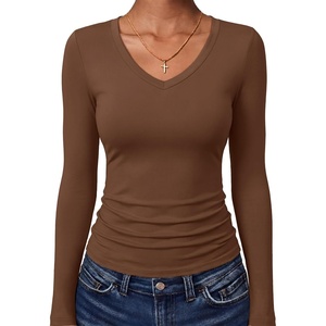 image:imageANRABESS Womens Long Sleeve Shirts Double Lined Tops  V Neck Basic Tee Soft Stretch Fleece Slim Fitted Fall Winter Warm Layer Clothing Going Out Casual Work Everyday WearCoffee
