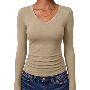 image:imageANRABESS Womens Long Sleeve Shirts Double Lined Tops  V Neck Basic Tee Soft Stretch Fleece Slim Fitted Fall Winter Warm Layer Clothing Going Out Casual Work Everyday WearKhaki