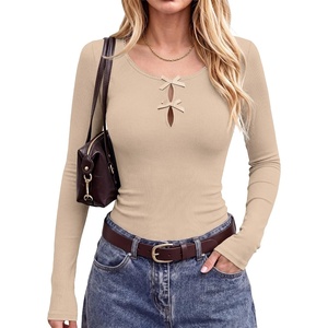 image:imageANRABESS Womens Long Sleeve Shirts Scoop Neck Fitted Top  Bow Tie Cutout KeyholeSoft Ribbed Knit Cute Y2K Versatile Going Outfits Fall Spring Layering ClothingWork amp Everyday WearApricot