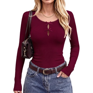 image:imageANRABESS Womens Long Sleeve Shirts Scoop Neck Fitted Top  Bow Tie Cutout KeyholeSoft Ribbed Knit Cute Y2K Versatile Going Outfits Fall Spring Layering ClothingWork amp Everyday WearDeep Red