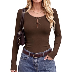 image:imageANRABESS Womens Long Sleeve Shirts Scoop Neck Fitted Top  Bow Tie Cutout KeyholeSoft Ribbed Knit Cute Y2K Versatile Going Outfits Fall Spring Layering ClothingWork amp Everyday WearCoffee