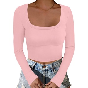 image:imageANRABESS Womens Long Sleeve Square Neck Crop Top Ribbed Slim Fitted Basic Tee Layer Y2K Shirts Fall Fashion Outfits 2026Bright Pink