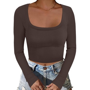 image:imageANRABESS Womens Long Sleeve Square Neck Crop Top Ribbed Slim Fitted Basic Tee Layer Y2K Shirts Fall Fashion Outfits 2026Coffee