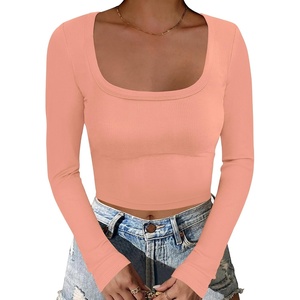 image:imageANRABESS Womens Long Sleeve Square Neck Crop Top Ribbed Slim Fitted Basic Tee Layer Y2K Shirts Fall Fashion Outfits 2026Coral
