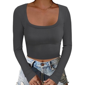 image:imageANRABESS Womens Long Sleeve Square Neck Crop Top Ribbed Slim Fitted Basic Tee Layer Y2K Shirts Fall Fashion Outfits 2026Deep Grey