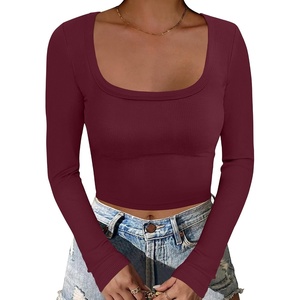 image:imageANRABESS Womens Long Sleeve Square Neck Crop Top Ribbed Slim Fitted Basic Tee Layer Y2K Shirts Fall Fashion Outfits 2026Deep Red