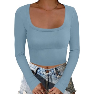 image:imageANRABESS Womens Long Sleeve Square Neck Crop Top Ribbed Slim Fitted Basic Tee Layer Y2K Shirts Fall Fashion Outfits 2026Grey Blue