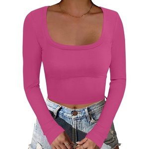 image:imageANRABESS Womens Long Sleeve Square Neck Crop Top Ribbed Slim Fitted Basic Tee Layer Y2K Shirts Fall Fashion Outfits 2026Hot Pink