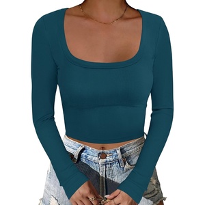 image:imageANRABESS Womens Long Sleeve Square Neck Crop Top Ribbed Slim Fitted Basic Tee Layer Y2K Shirts Fall Fashion Outfits 2026Indigo