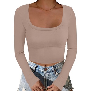 image:imageANRABESS Womens Long Sleeve Square Neck Crop Top Ribbed Slim Fitted Basic Tee Layer Y2K Shirts Fall Fashion Outfits 2026Khaki