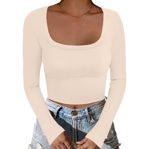 image:imageANRABESS Womens Long Sleeve Square Neck Crop Top Ribbed Slim Fitted Basic Tee Layer Y2K Shirts Fall Fashion Outfits 2026Light Beige
