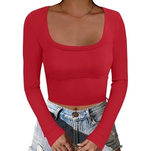 image:imageANRABESS Womens Long Sleeve Square Neck Crop Top Ribbed Slim Fitted Basic Tee Layer Y2K Shirts Fall Fashion Outfits 2026Red