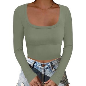 image:imageANRABESS Womens Long Sleeve Square Neck Crop Top Ribbed Slim Fitted Basic Tee Layer Y2K Shirts Fall Fashion Outfits 2026Sage Green