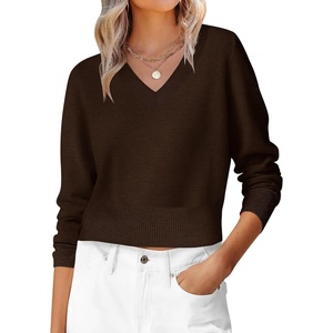 image:imageANRABESS Womens Long Sleeve V Neck Cropped Sweaters  Classic Pullover Basic Tops Soft Comfy Lightweight Business Casual Work Travel Vacation Fall Winter Layer ClothesCoffee
