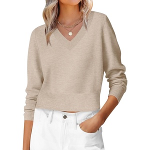 image:imageANRABESS Womens Long Sleeve V Neck Cropped Sweaters  Classic Pullover Basic Tops Soft Comfy Lightweight Business Casual Work Travel Vacation Fall Winter Layer ClothesAlmond
