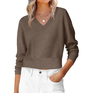 image:imageANRABESS Womens Long Sleeve V Neck Cropped Sweaters  Classic Pullover Basic Tops Soft Comfy Lightweight Business Casual Work Travel Vacation Fall Winter Layer ClothesBrown
