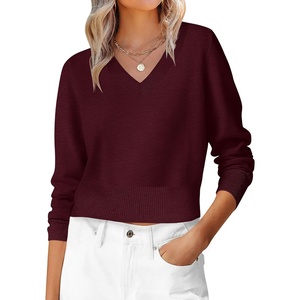 image:imageANRABESS Womens Long Sleeve V Neck Cropped Sweaters  Classic Pullover Basic Tops Soft Comfy Lightweight Business Casual Work Travel Vacation Fall Winter Layer ClothesDark Red