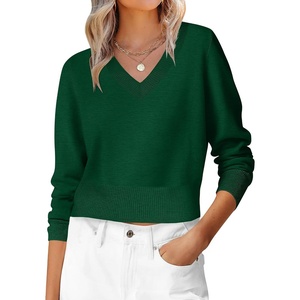 image:imageANRABESS Womens Long Sleeve V Neck Cropped Sweaters  Classic Pullover Basic Tops Soft Comfy Lightweight Business Casual Work Travel Vacation Fall Winter Layer ClothesForest Green