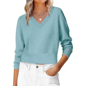 image:imageANRABESS Womens Long Sleeve V Neck Cropped Sweaters  Classic Pullover Basic Tops Soft Comfy Lightweight Business Casual Work Travel Vacation Fall Winter Layer ClothesLight Blue
