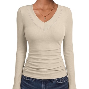 image:imageANRABESS Womens Long Sleeve V Neck Ribbed Shirts  Slim Fitted Tops Soft Comfy Breathable Business Casual Outfits Daily Wear Going Out WorkFall Spring Transition ClothingBeige