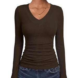 image:imageANRABESS Womens Long Sleeve V Neck Ribbed Shirts  Slim Fitted Tops Soft Comfy Breathable Business Casual Outfits Daily Wear Going Out WorkFall Spring Transition ClothingCoffee