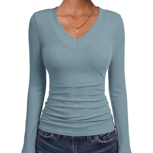 image:imageANRABESS Womens Long Sleeve V Neck Ribbed Shirts  Slim Fitted Tops Soft Comfy Breathable Business Casual Outfits Daily Wear Going Out WorkFall Spring Transition ClothingGrey Blue