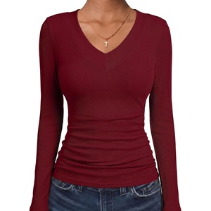 image:imageANRABESS Womens Long Sleeve V Neck Ribbed Shirts  Slim Fitted Tops Soft Comfy Breathable Business Casual Outfits Daily Wear Going Out WorkFall Spring Transition ClothingWine Red
