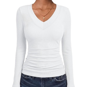 image:imageANRABESS Womens Long Sleeve V Neck Ribbed Shirts  Slim Fitted Tops Soft Comfy Breathable Business Casual Outfits Daily Wear Going Out WorkFall Spring Transition ClothingWhite