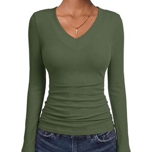 image:imageANRABESS Womens Long Sleeve V Neck Ribbed Shirts  Slim Fitted Tops Soft Comfy Breathable Business Casual Outfits Daily Wear Going Out WorkFall Spring Transition ClothingArmy Green