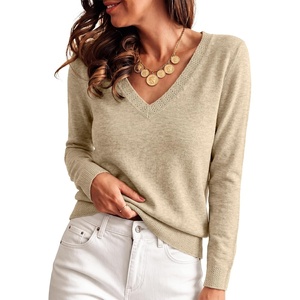 image:imageANRABESS Womens Long Sleeve Wool Blend Sweater Tops  V Neck LightweightCozy Soft PulloverElegant Business Casual WearWork Office Basic OutfitsEarly Fall Winter Layer ClothesAlmond